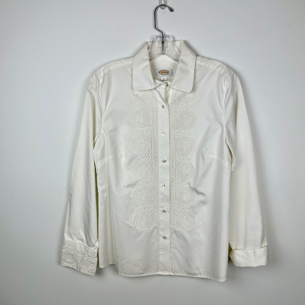 Talbots Cream Crochet Lace Embellished Long Sleeve Button Down Shirt Blouse 8